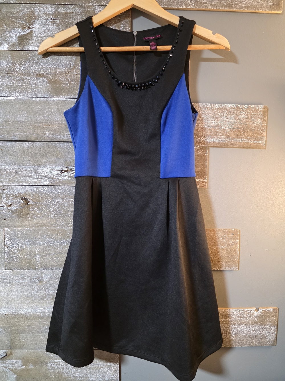 Material Girl Black and Royal Blue Jewel-Neck Fit & Flare Dress